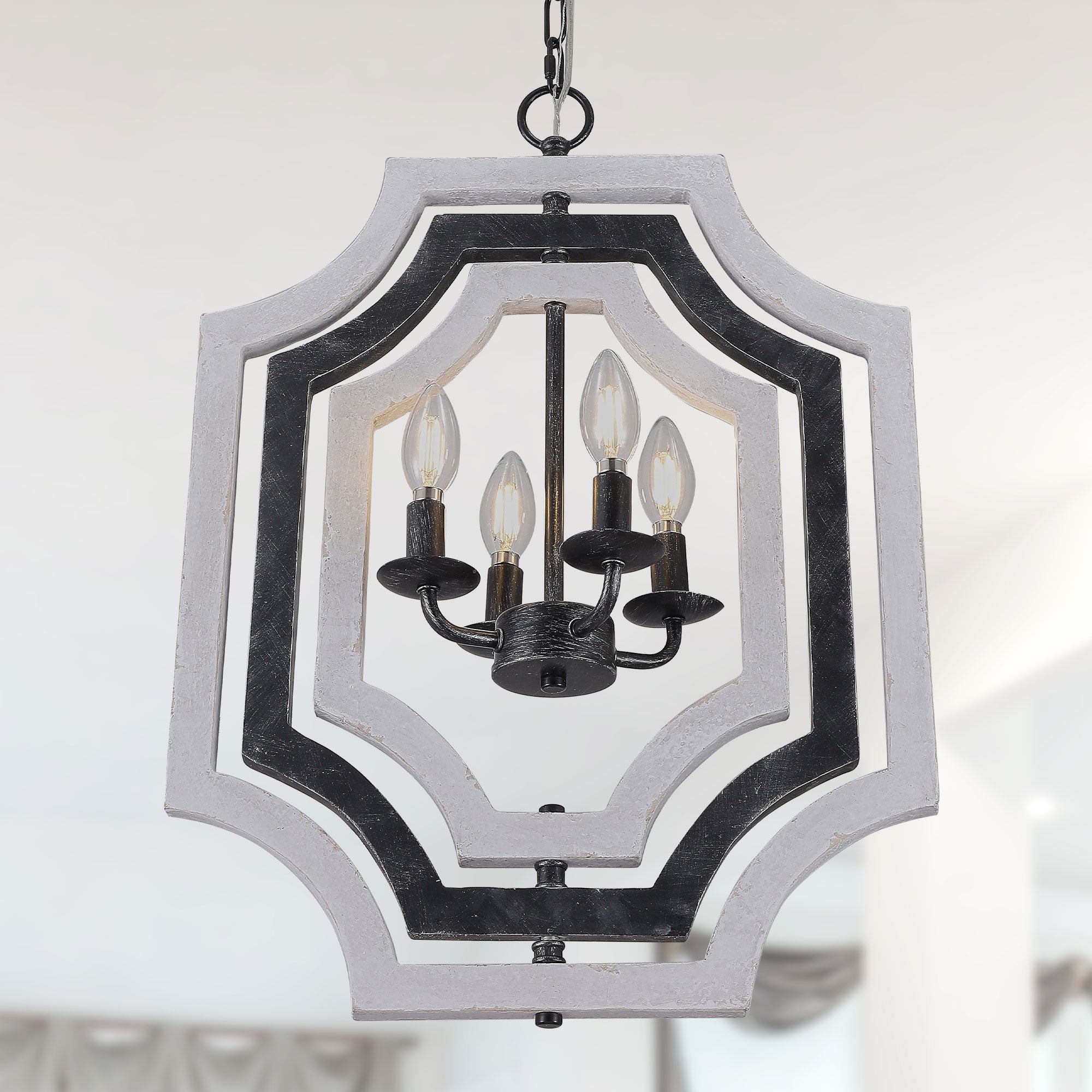 4 - Lights Distressed Wood Chandelier with Adjustable Chain, 16.9" Geometric Chandelier for Entryway with DIY Shade