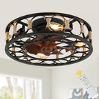 19 Inch Black Farmhouse Flush Mount Ceiling Fan with Lights and Remote, 6 Speeds DC Motor Bladeless Ceiling Fans for Low Profile Ceiling