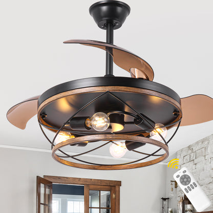 BellaDepot 42" Farmhouse Brown Retractable Ceiling Fan with Remote Control, Invisible Blades Ceiling Fan with Lights - DC4270