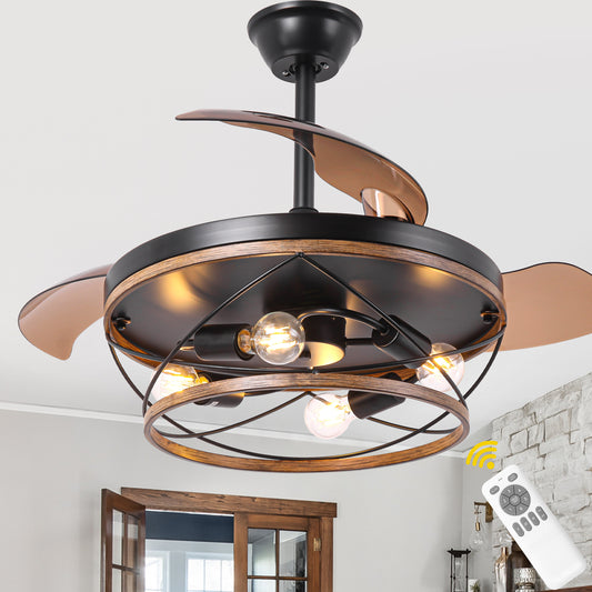 BellaDepot 42" Farmhouse Brown Retractable Ceiling Fan with Remote Control, Invisible Blades Ceiling Fan with Lights - DC4270