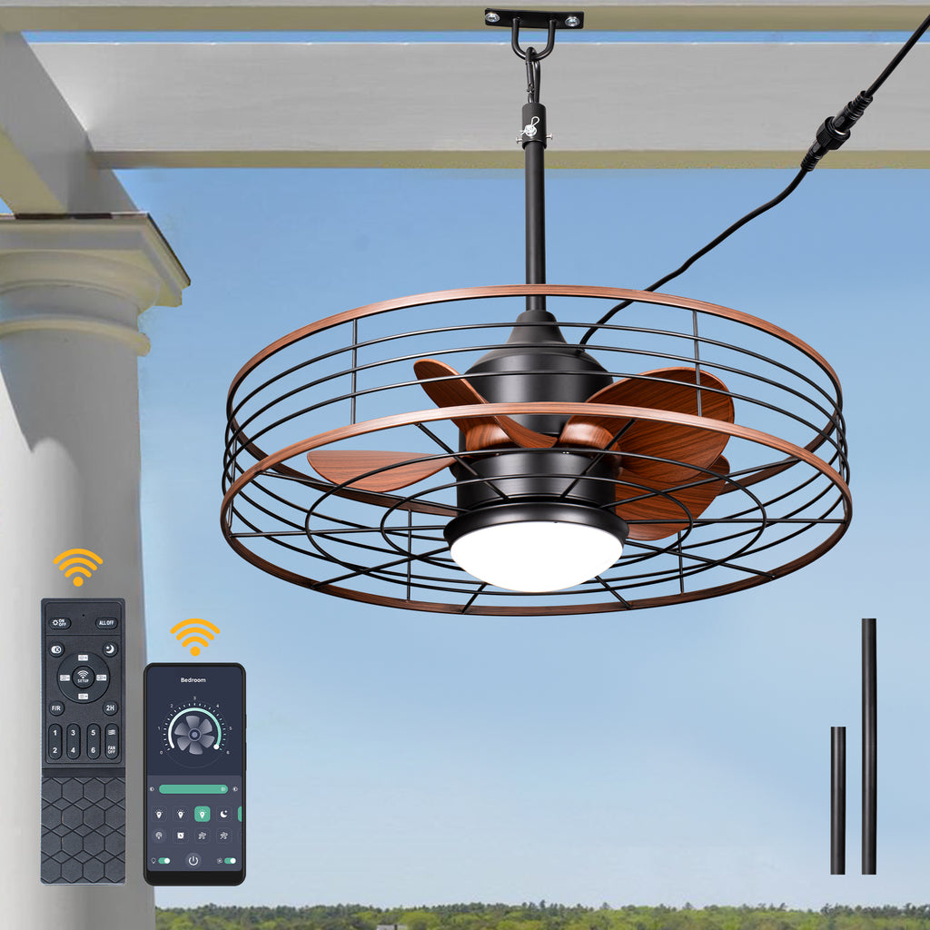 23.6 Inch Black Outdoor Dimmable Ceiling Fan with LED Light and Remote, Farmhouse Reversible 6 Speeds Quiet DC Motor Caged Ceiling Fan for Patio