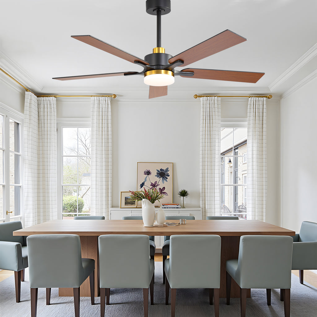 52 Inch Modern Ceiling Fan with LED Light and Remote Control, 6 Speeds Quiet DC Motor Black and Gold Ceiling Fan for Living Room