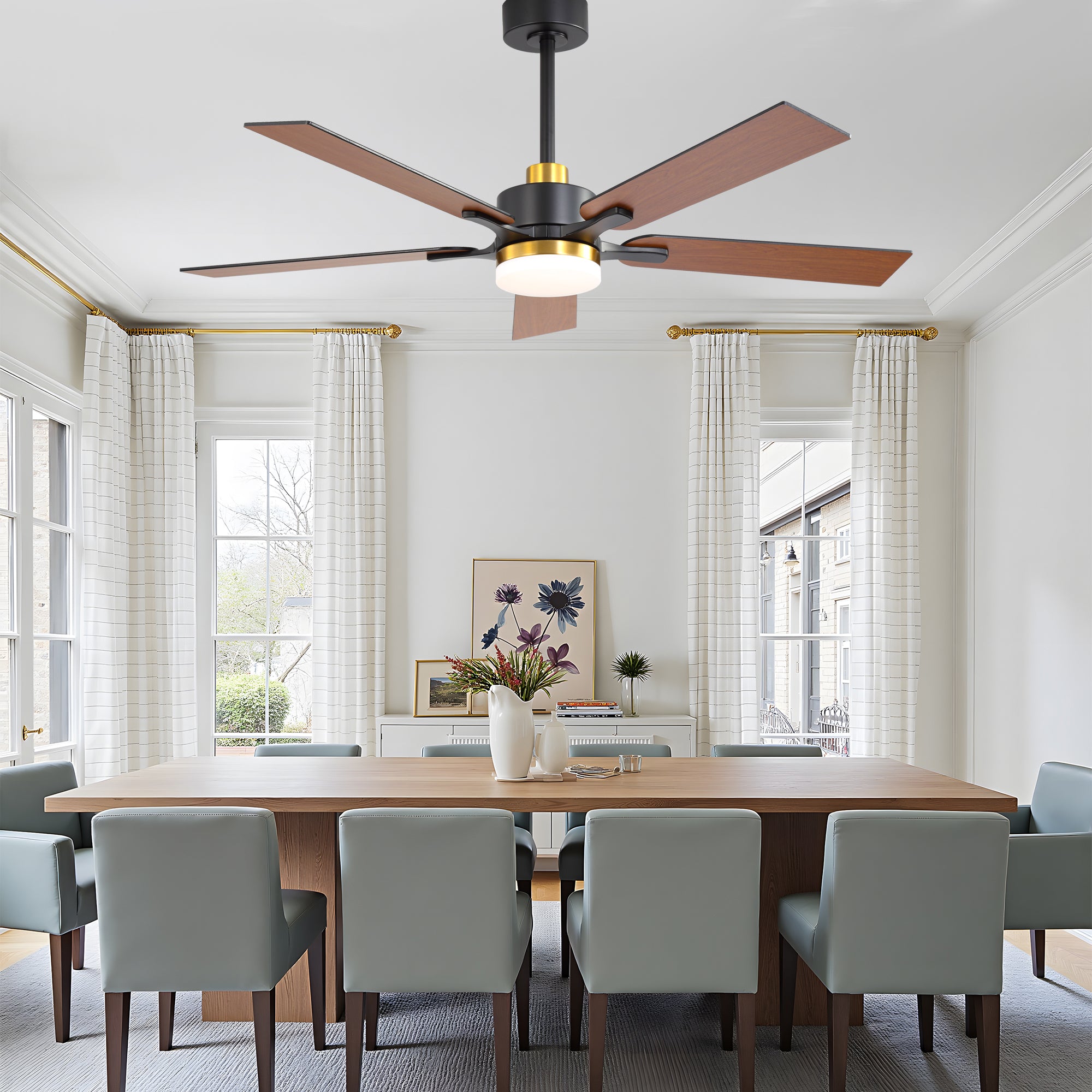 52 Inch Modern Ceiling Fan with LED Light and Remote Control, 6 Speeds Quiet DC Motor Black and Gold Ceiling Fan for Living Room