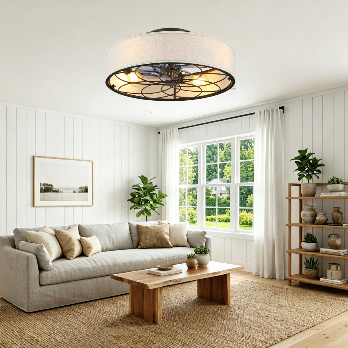 20 Inch Farmhouse Enclosed Fabric Shade Low Profile Bladeless Ceiling Fan with Remote Control, 6 Speed DC Motor Reversible Ceiling Fan