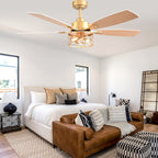52 Inch Golden Modern Ceiling Fan with Lights and Remote Control, 6 Speeds DC Motor Reversible Ceiling Fan for Living Room