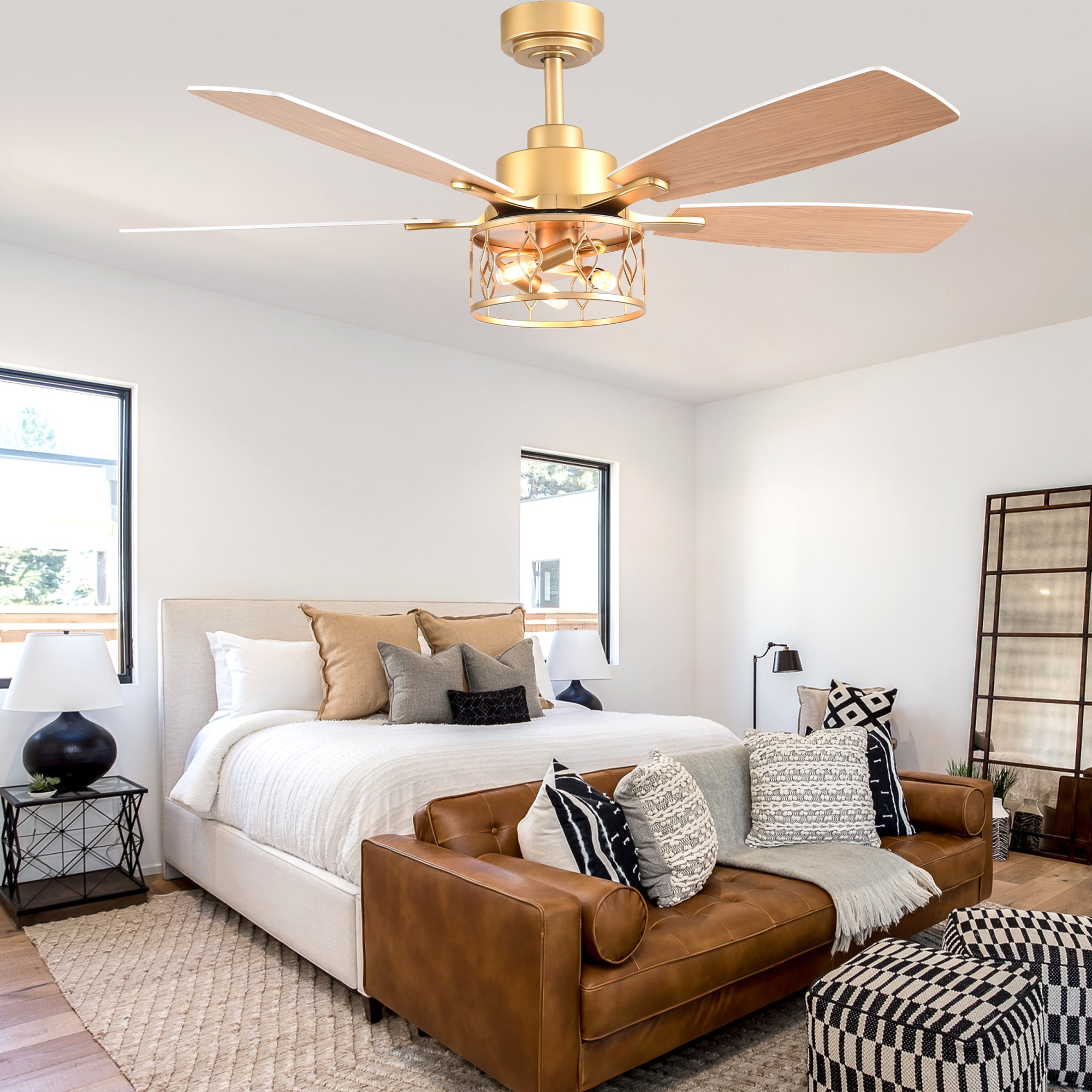 52 Inch Golden Modern Ceiling Fan with Lights and Remote Control, 6 Speeds DC Motor Reversible Ceiling Fan for Living Room