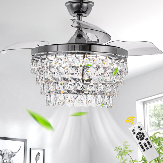 BellaDepot 42" Silver or Gold Crystal Chandelier Ceiling Fan with Remote and Lights, Retractable Blades Ceiling Fan - DC4270