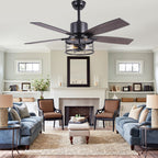 46 Inch 5-Blade Black Industrial Ceiling Fan with Lights and Remote Control, 6 Speeds DC Motor Caged Ceiling Fan for Living Room