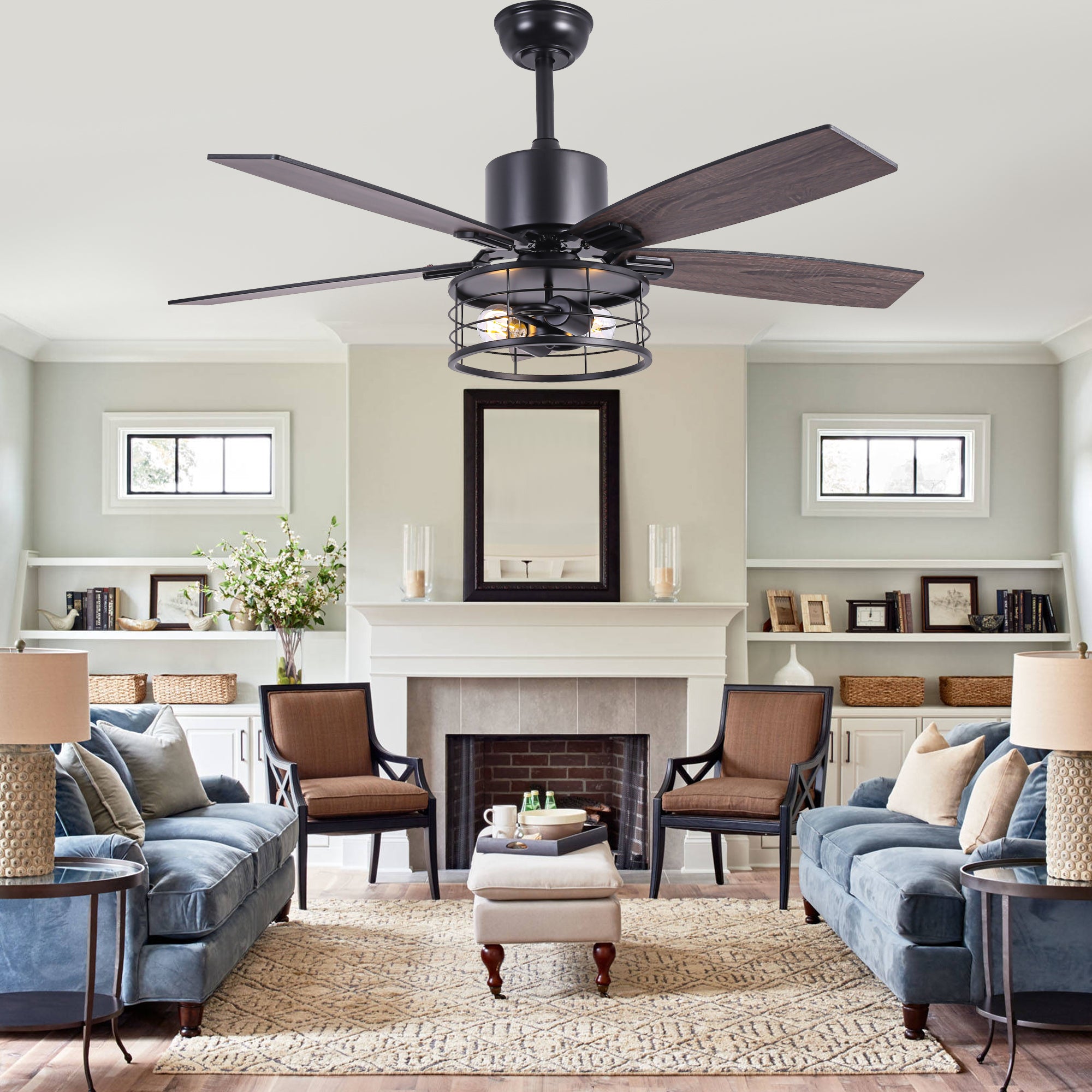 46 Inch 5-Blade Black Industrial Ceiling Fan with Lights and Remote Control, 6 Speeds DC Motor Caged Ceiling Fan for Living Room