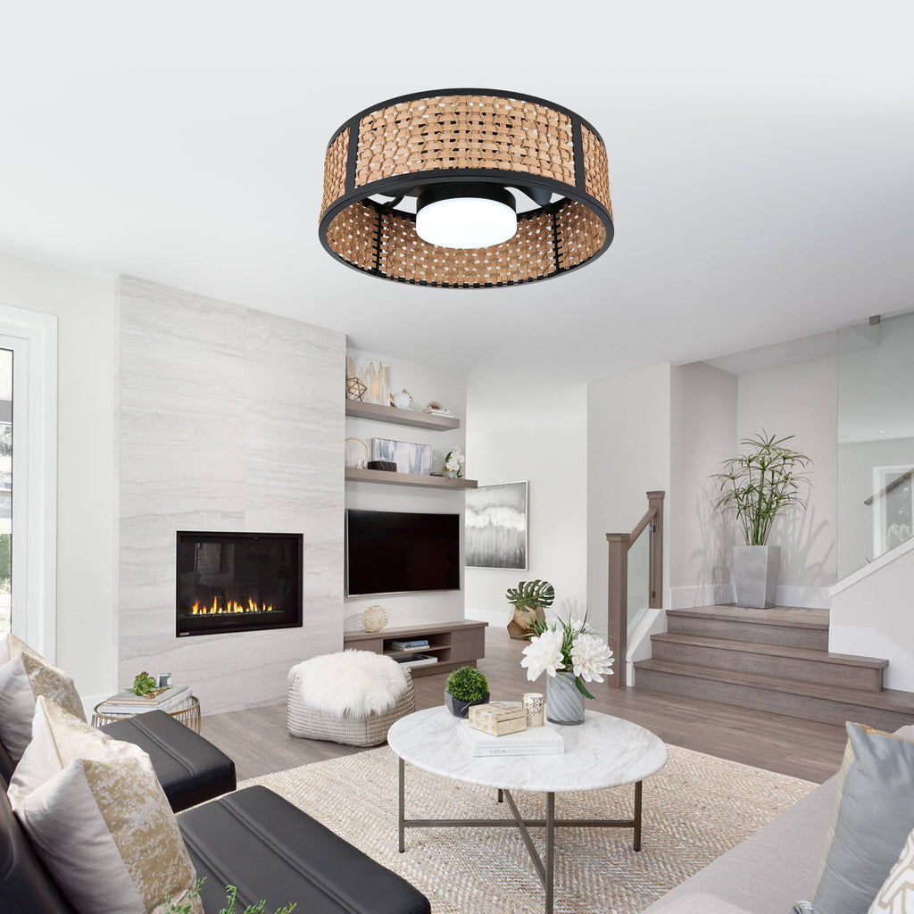 Bohemian 20 Inch Flush Mount Ceiling Fan with Light Caged Bamboo and Paper Rope Woven Shade Ceiling Fan with Ligth Dimmable LED and Reversible DC Motor Ceiling Fan Suit for Bedroom, Kitchen