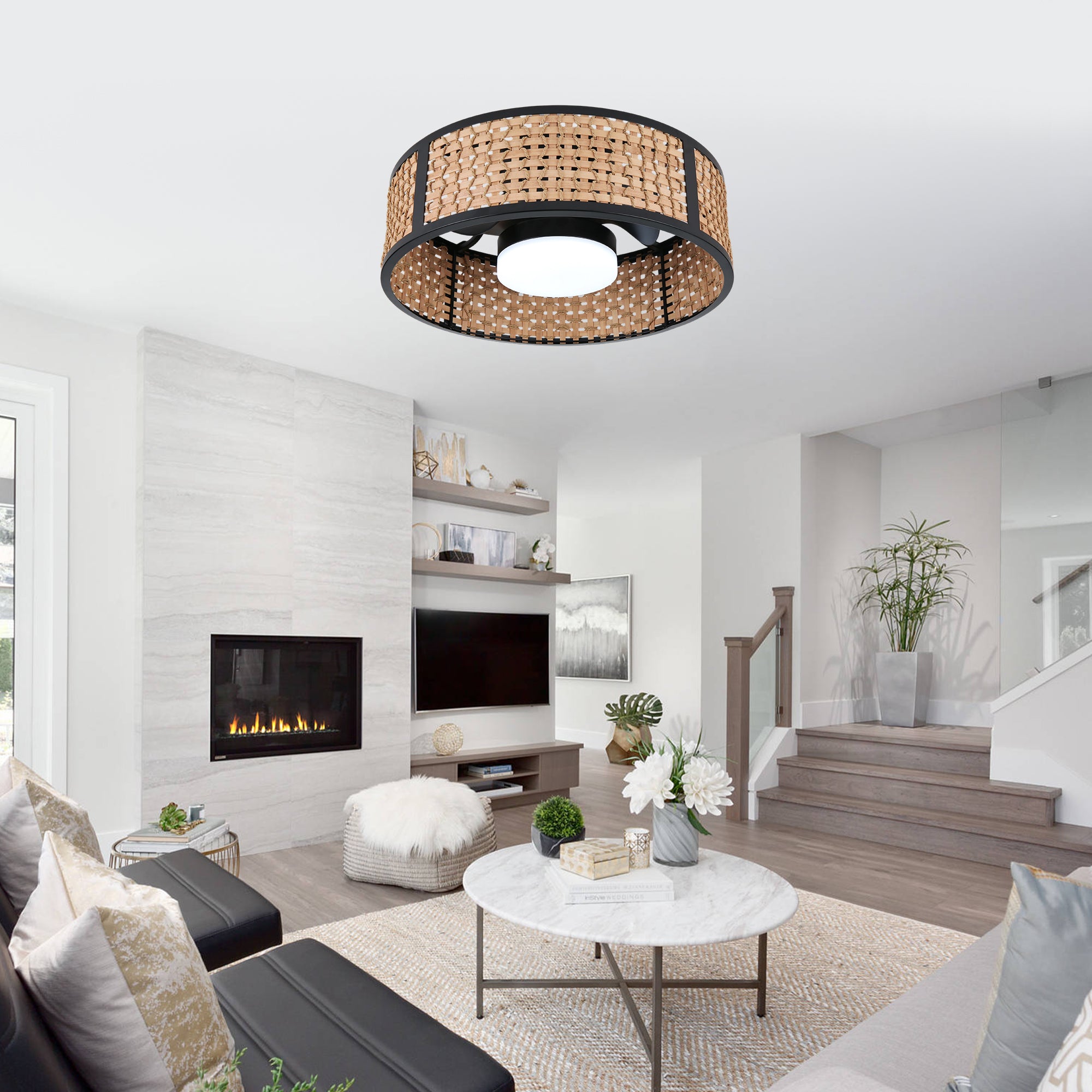 Bohemian 20 Inch Flush Mount Ceiling Fan with Light Caged Bamboo and Paper Rope Woven Shade Ceiling Fan with Ligth Dimmable LED and Reversible DC Motor Ceiling Fan Suit for Bedroom, Kitchen