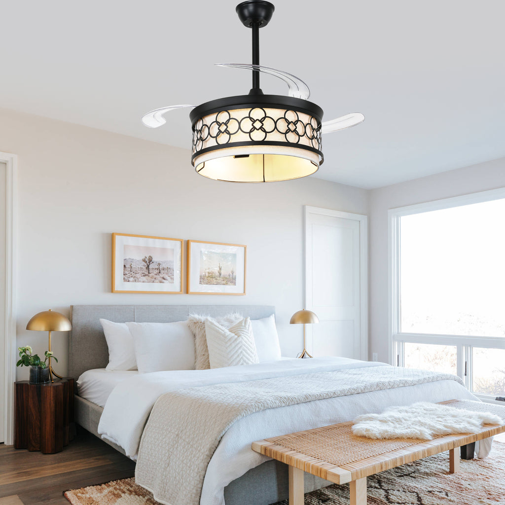 42 Inch Black Retractable Ceiling Fan with Lights and Remote, 6 Speeds DC Motor Farmhouse Black Bladeless Ceiling Fan for Bedroom