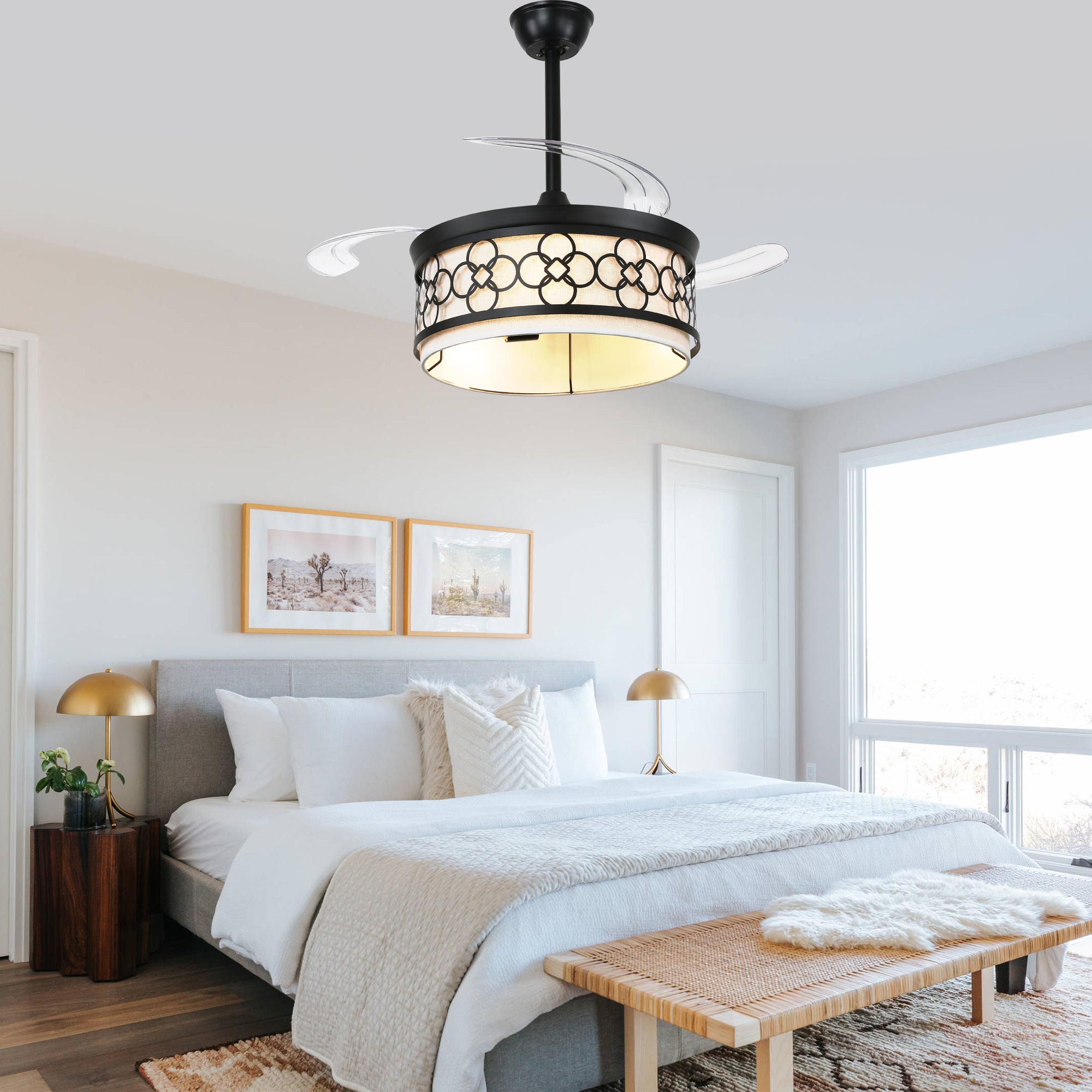 42 Inch Black Retractable Ceiling Fan with Lights and Remote, 6 Speeds DC Motor Farmhouse Black Bladeless Ceiling Fan for Bedroom