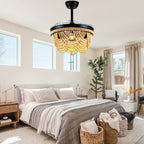 42 Inch Black Bohemian Retractable Ceiling Fan with Lights and Remote, 6 Speeds DC Motor Bladeless Fandelier Ceiling Fan with Wood Beaded Shade