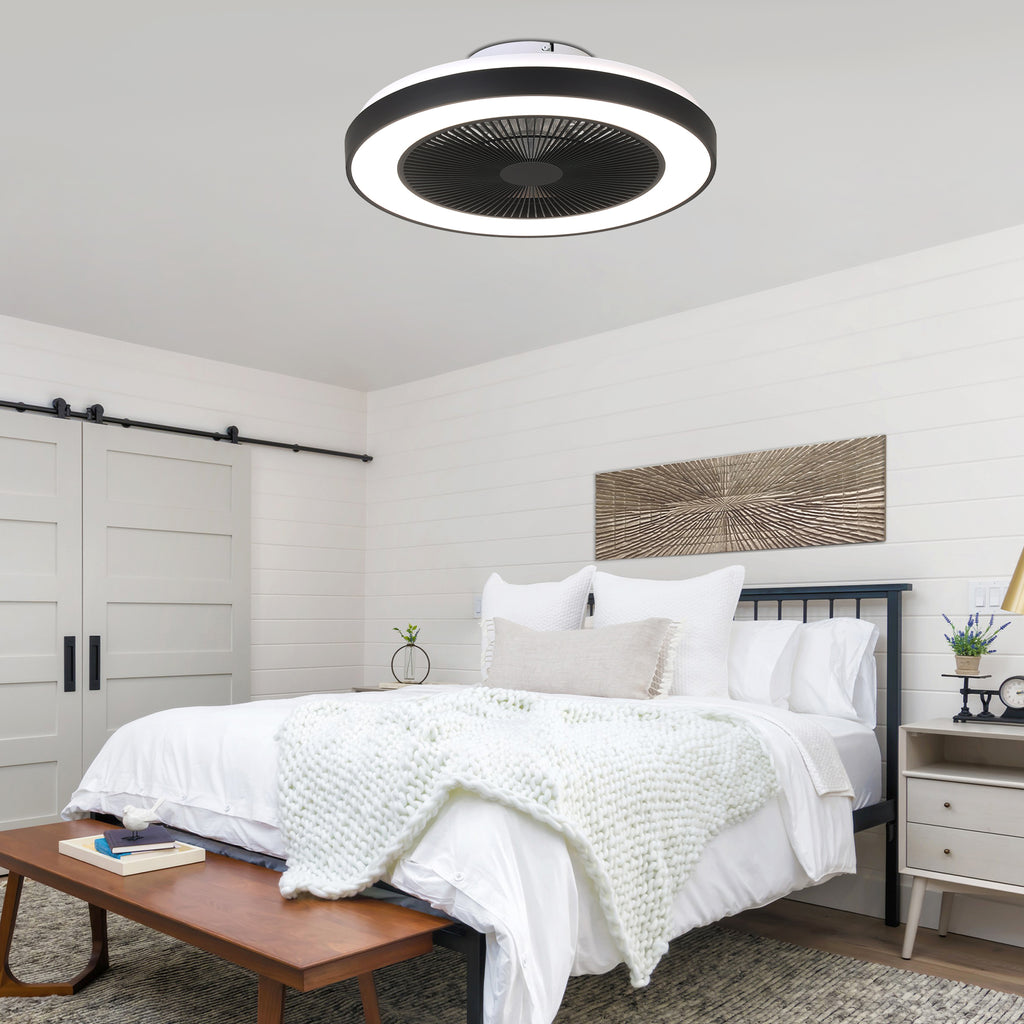 19 Inch Modern Smart Flush Mount Ceiling Fan with Dimmable LED Light and Remote, 6 Speeds DC Motor Bladeless Ceiling Fan for Low Profile with RGB Light