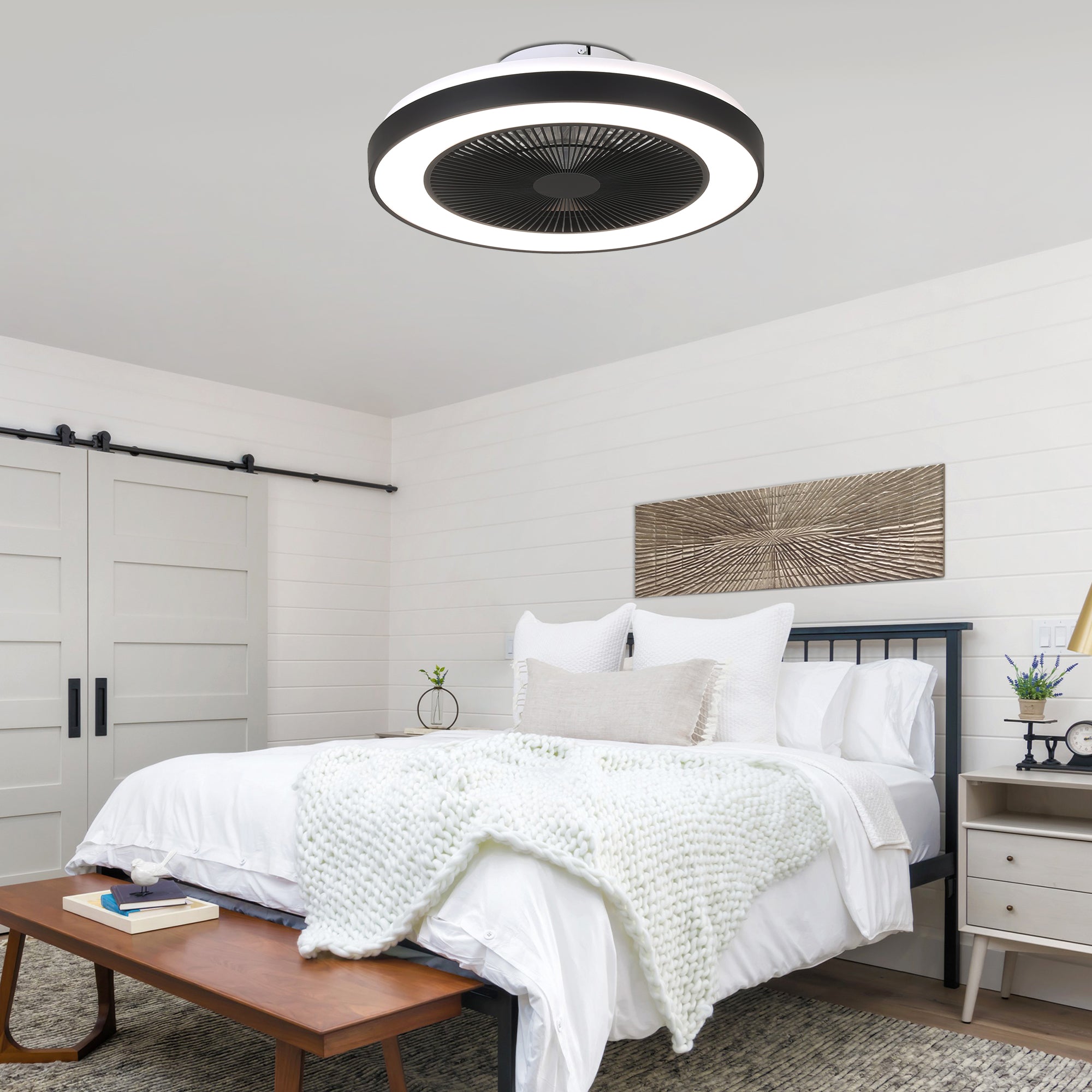 19 Inch Modern Smart Flush Mount Ceiling Fan with Dimmable LED Light and Remote, 6 Speeds DC Motor Bladeless Ceiling Fan for Low Profile with RGB Light