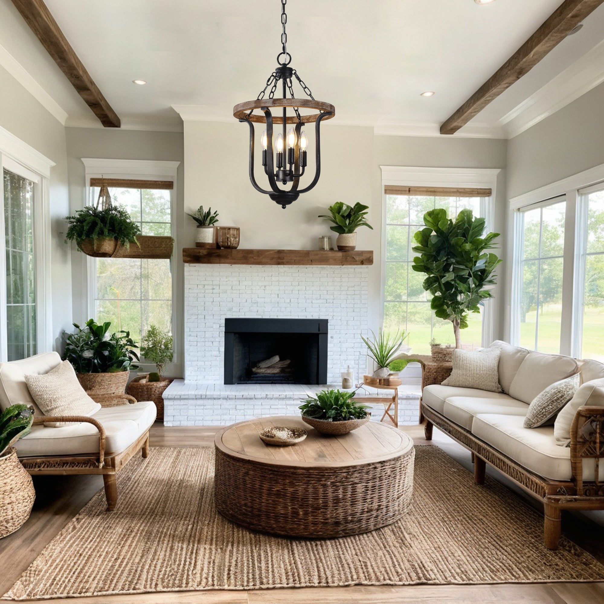 4 - Light Farmhouse Solid Wood Chandelier, 14" Geometric Rustic Hanging Chandelier with Adjustable Chain, Foyer Wood Light Fixture