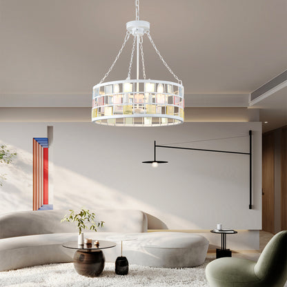 BD4084-W-18" Modern Colorful Accents White Metal Caged Chandelier, Pendant Light, with Adjustable Chain and 6 Lights