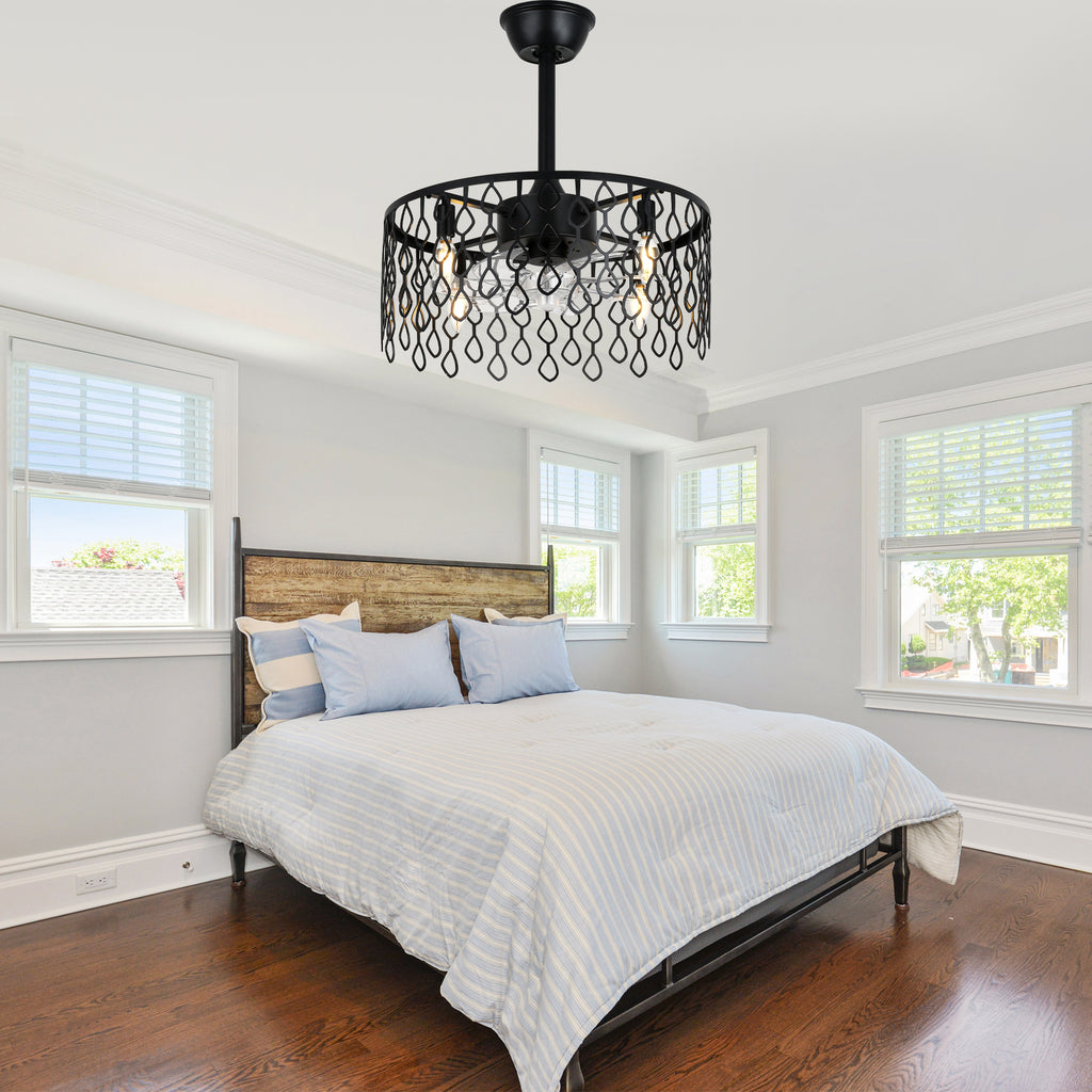 19 Inch Modern Black Drum Caged Ceiling Fan with Lights and Remote, 6 Speeds DC Motor Reversible Bladeless Fandelier Ceiling Fan