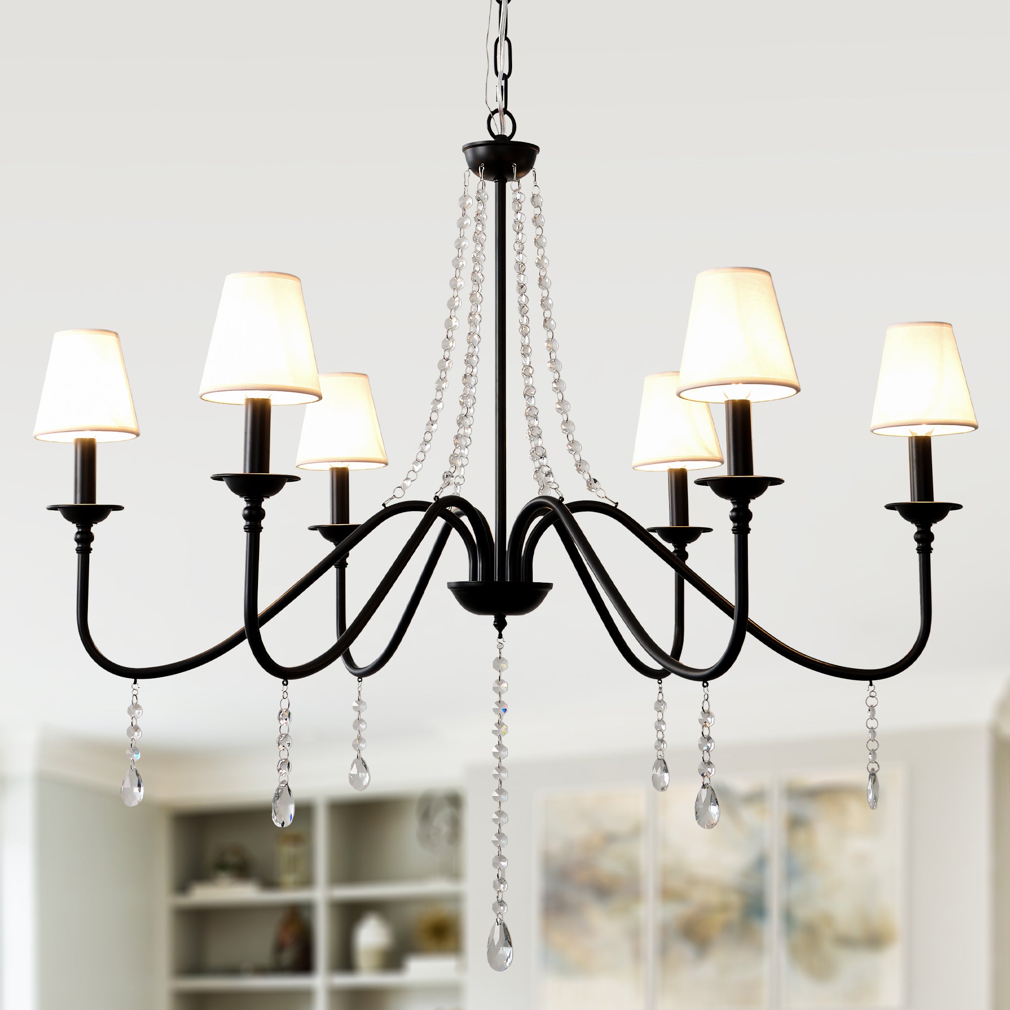 6-Light Classic Crystal Chandelier 34.7 Inch Traditional Chandelier Pendant Light Fixture with Fabric Shade