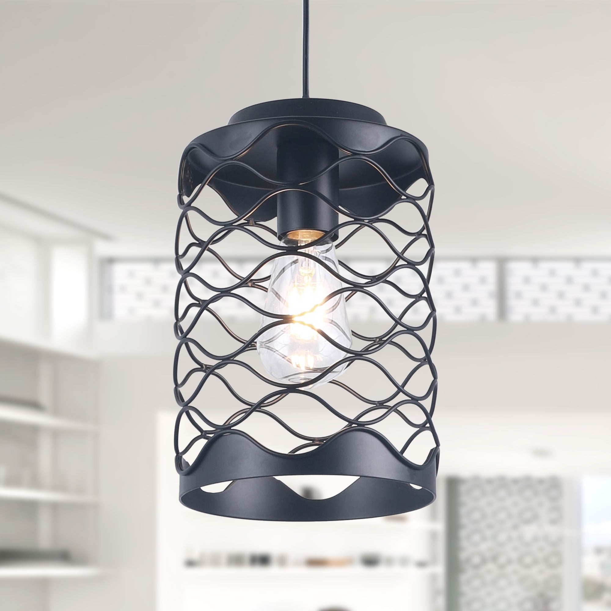 1 - Light Black Cylinder Pendant Light, 6.7" Dining Room Light Fixtures Kitchen Island Light