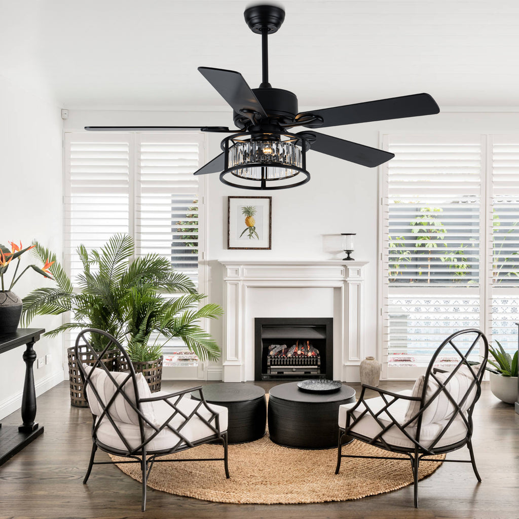 52 Inch Modern Glam Crystal Ceiling Fan with Lights and Remote, 6 Speeds DC Motor Black Reversible Ceiling Fan with Crystal Cage