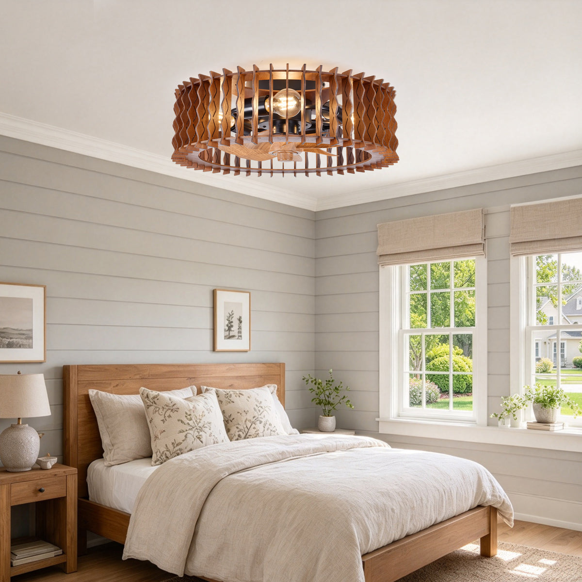 Farmhouse 20 Inch Wooden Caged Flush Mount Ceiling Fan with Light Quiet Reversible DC Motor Retractable Blades Ceiling Fan with Light Retro Remote Control Adjustable 6 Speed Ceiling Fan Suit for Kitchen, Bedroom, Study