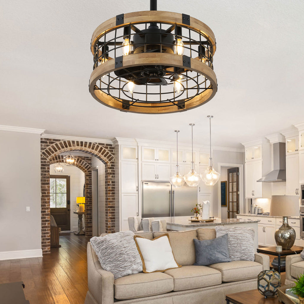 BD1812-BellaDepot 17.7" Cottage Metal Caged Reversible Ceiling Fan with Remote and 6 Lights, Wooden Ceiling Fan