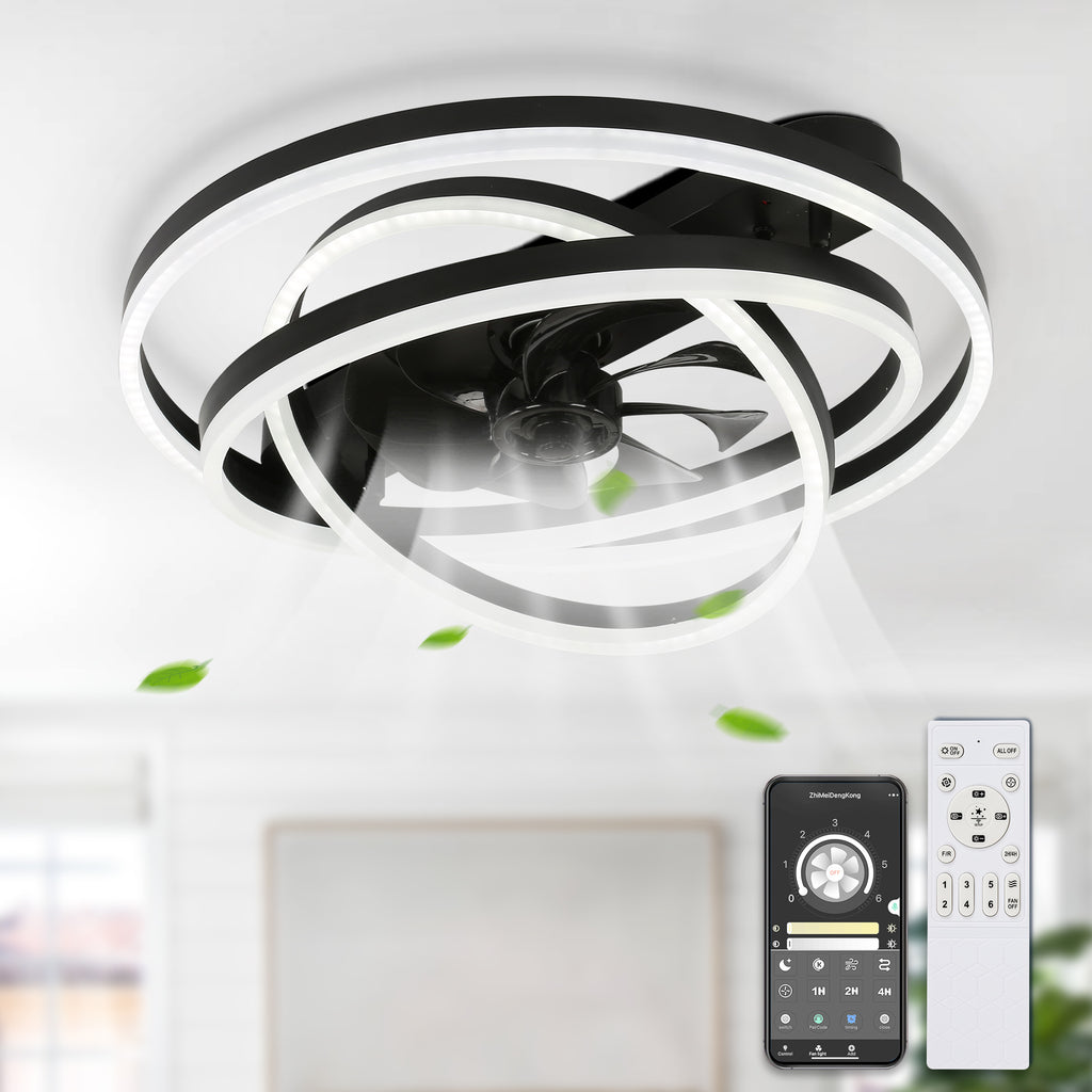 24 Inch Modern Smart Flush Mount LED Ceiling Fan with Light and Remote, 6 Speeds DC Motor Bladeless Low Profile Ceiling Fan