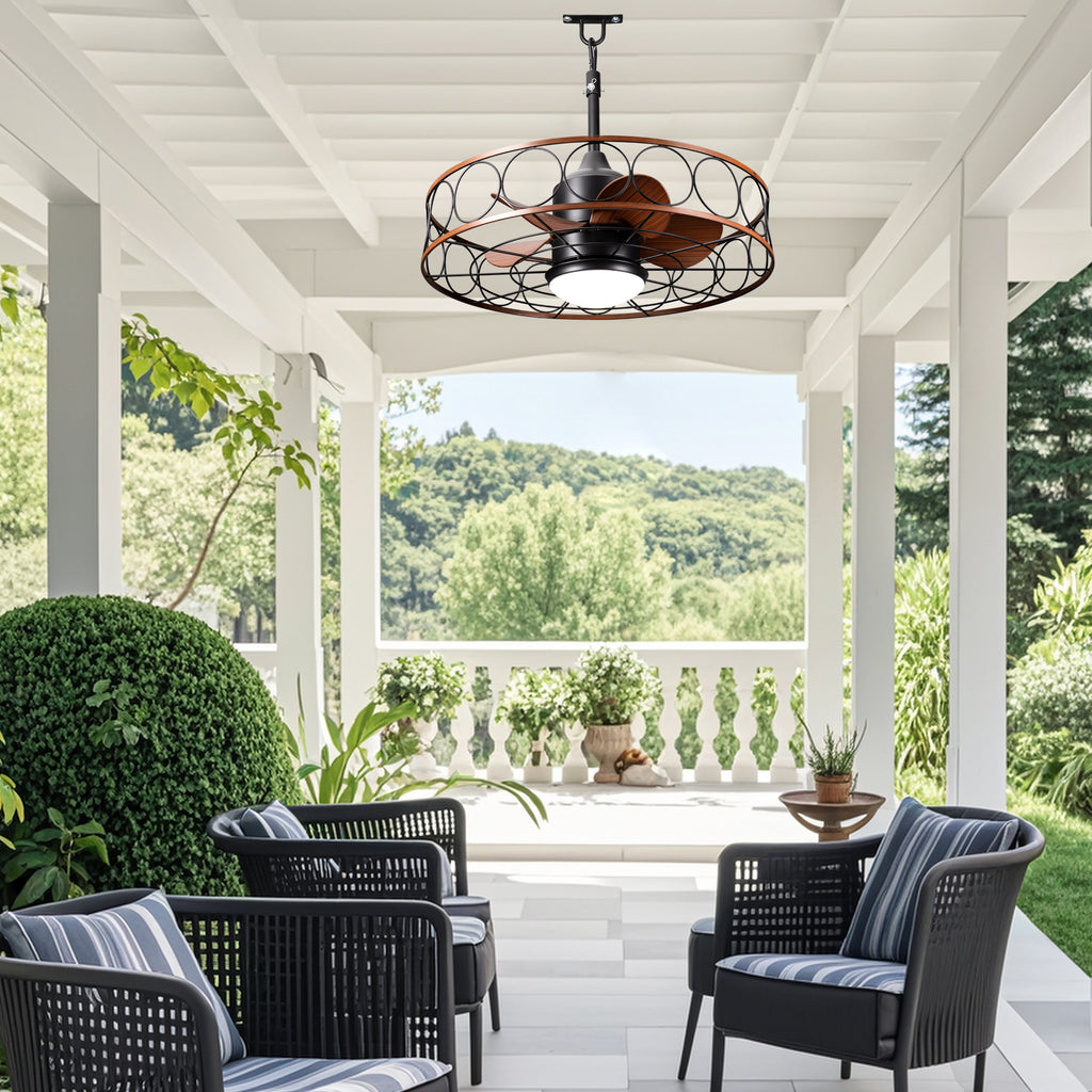 24 Inch Industrial Farmhouse Outdoor Caged Ceiling Fan with LED Lights and Remote, 6 Speed DC Motor Patio Ceiling Fan Waterproof