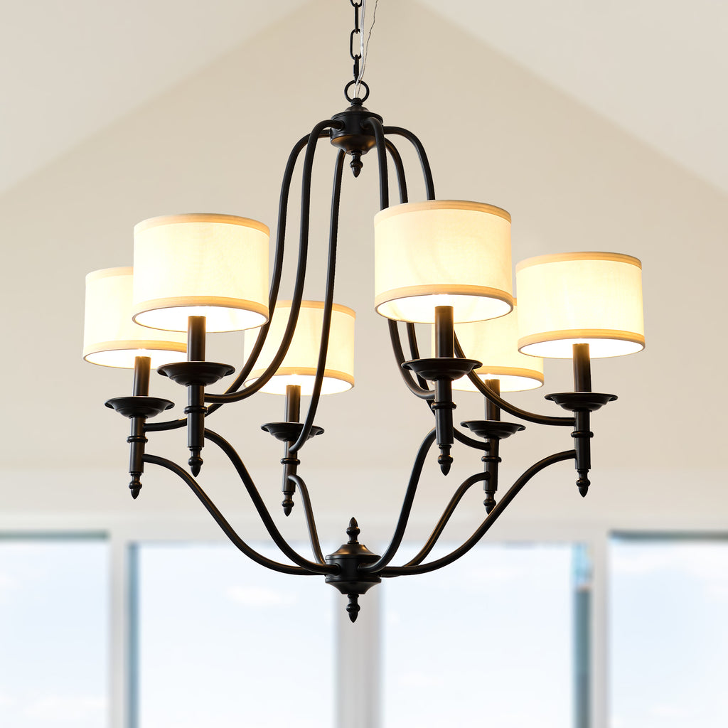 6 - Light Traditional Farmhouse Chandelier with Fabric Shades, 30 Inch Black Chandelier, Adjustable Classic Dining Room Light Fixture for Living Room