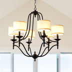 6 - Light Traditional Farmhouse Chandelier with Fabric Shades, 30 Inch Black Chandelier, Adjustable Classic Dining Room Light Fixture for Living Room