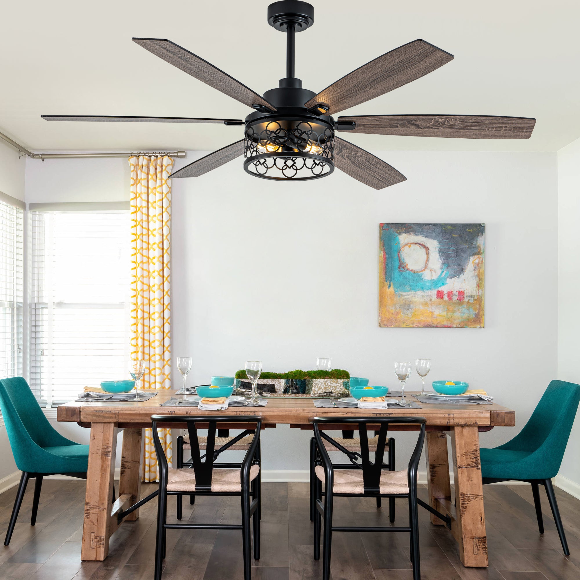 Modern 60 Inch Industrial Caged Ceiling Fan with Light Reversible Quiet DC Motor with 6 Speed Remote Control Ceiling Fan Adjustable Down Rodes Ceiling Fan with Light Suit for Bedroon,Living Room