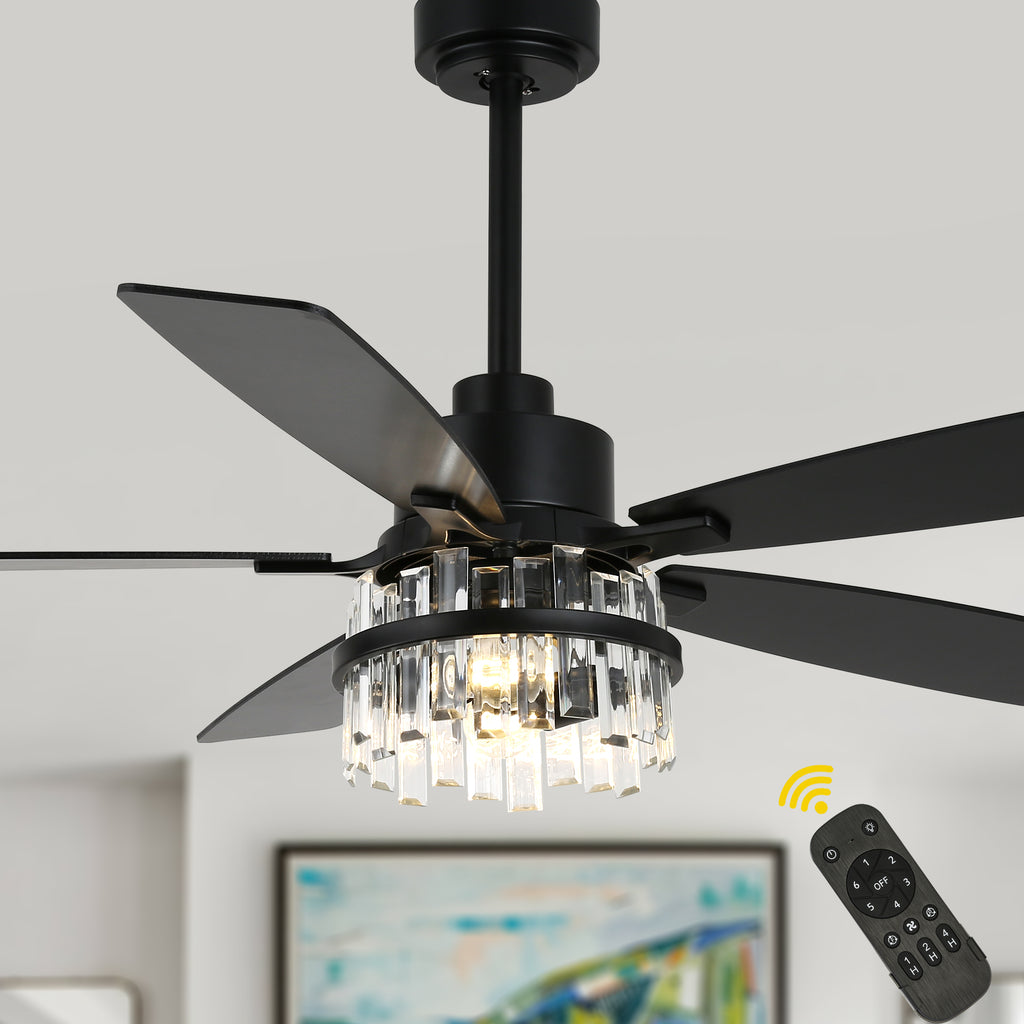 52 Inch Modern Glam Crystal Ceiling Fan with Light and Remote, 6-Speed Reversible DC Motor Large Ceiling Fan for Living Room