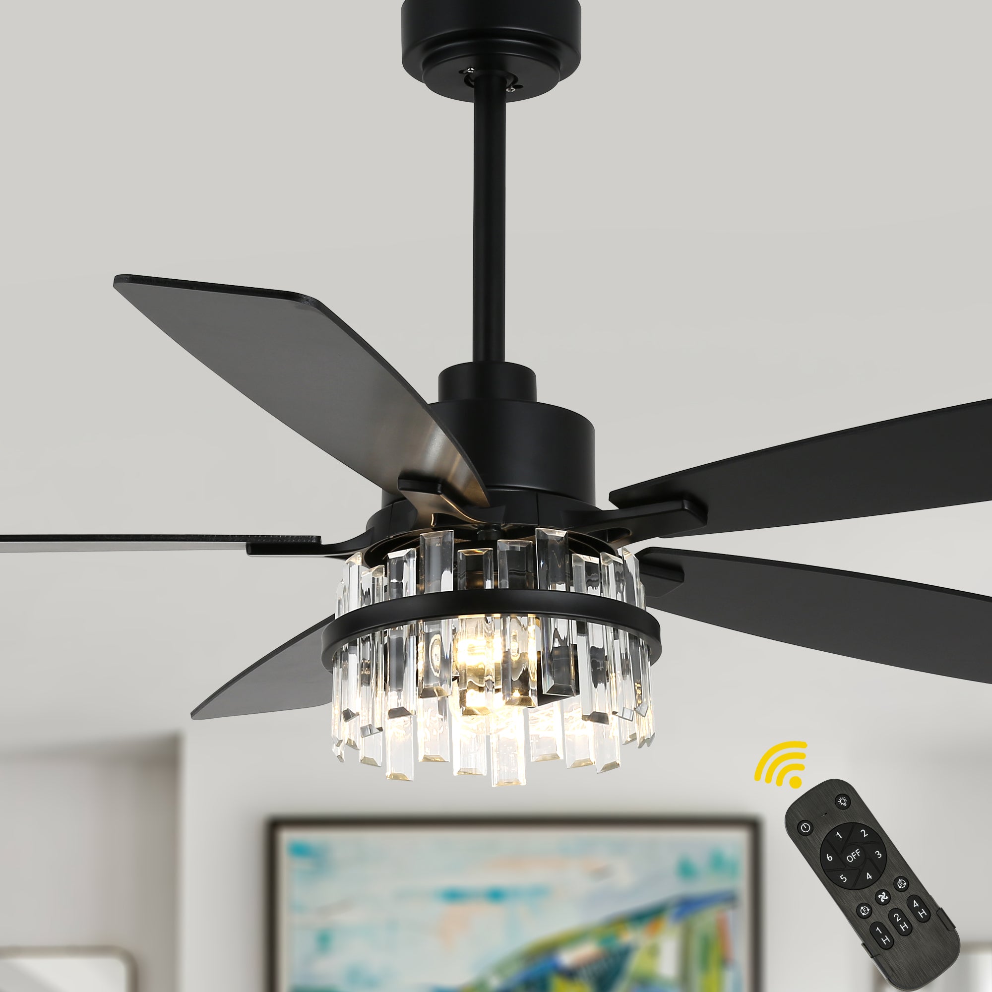 52 Inch Modern Glam Crystal Ceiling Fan with Light and Remote, 6-Speed Reversible DC Motor Large Ceiling Fan for Living Room