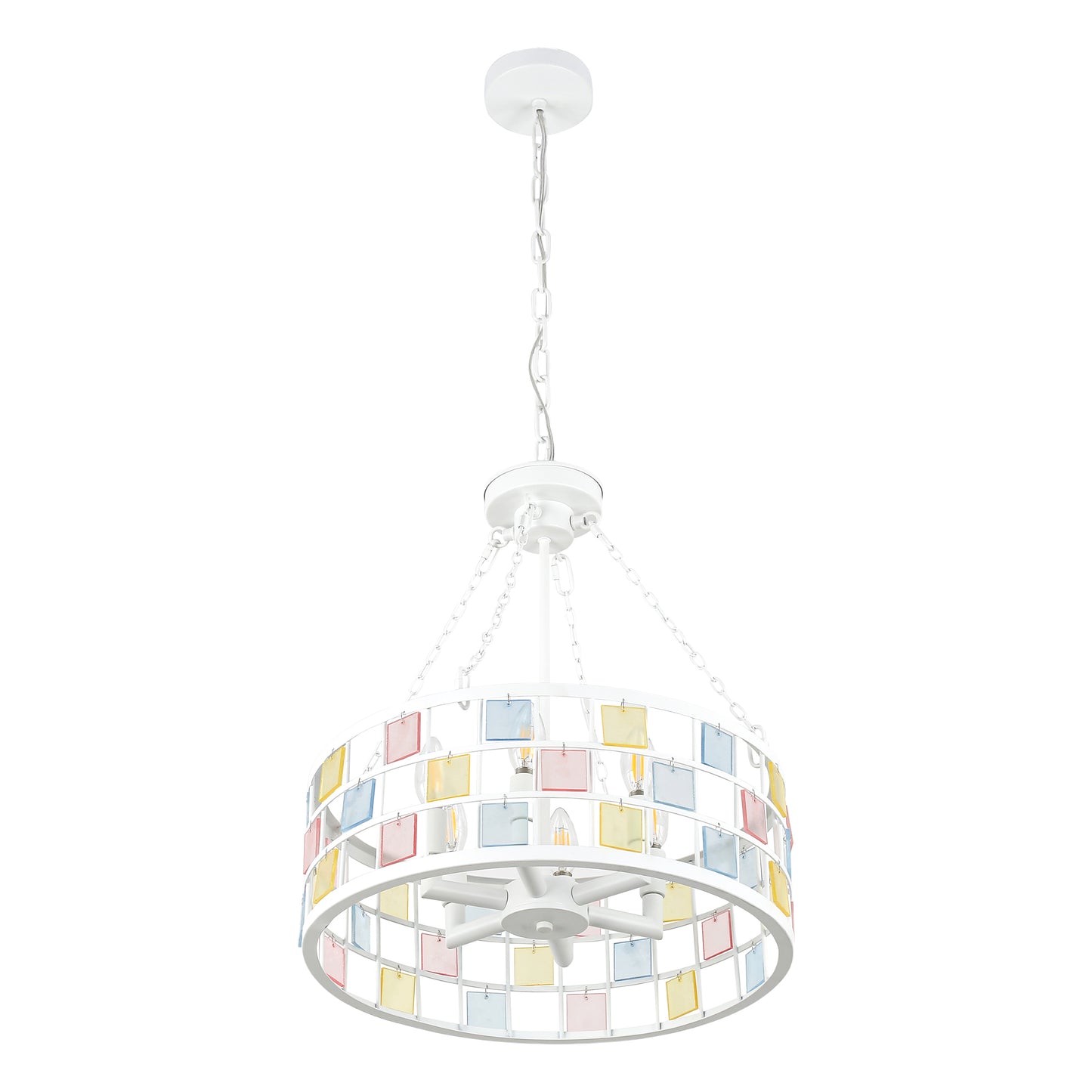 BD4084-W-18" Modern Colorful Accents White Metal Caged Chandelier, Pendant Light, with Adjustable Chain and 6 Lights