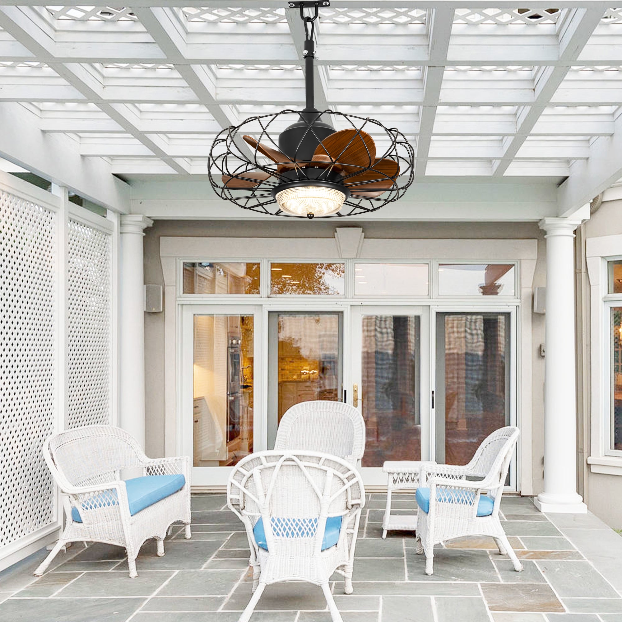 21 Inch Outdoor Caged Ceiling Fan with LED Light and Remote & APP Control, 6-Speed Reversible Modern Waterproof Industrial Ceiling Fan for Patio