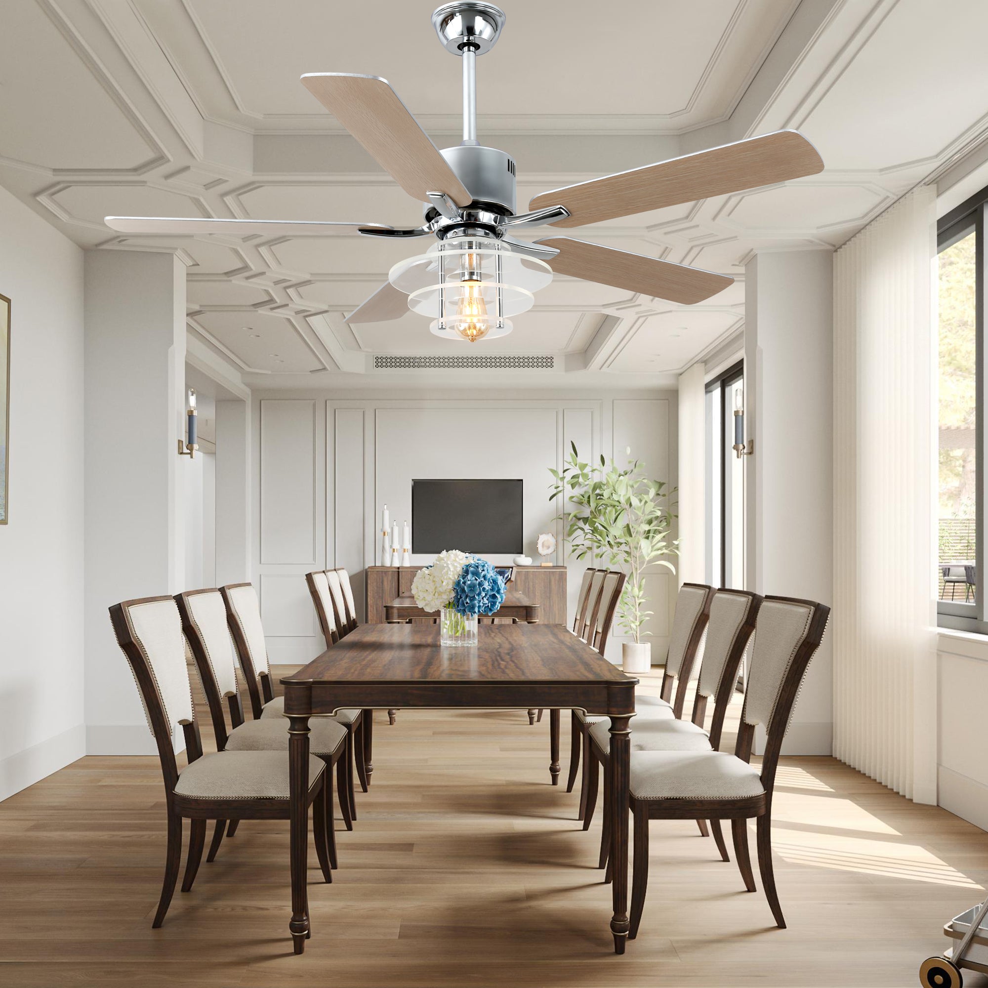 DC5222-B/C-BellaDepot 52" Modern Black or Chrome Acrylic Shade Ceiling Fan with Remote Control, 5 Blades Standard Ceiling Fan with Lights