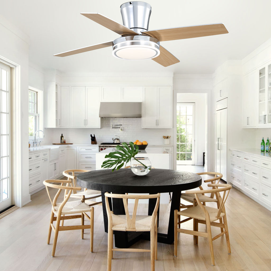 44 Inch Black/Chrome Modern Flush Mount Ceiling Fan with Dimmable LED Lights and Remote, 6 Speeds DC Motor Low Profile Ceiling Fan