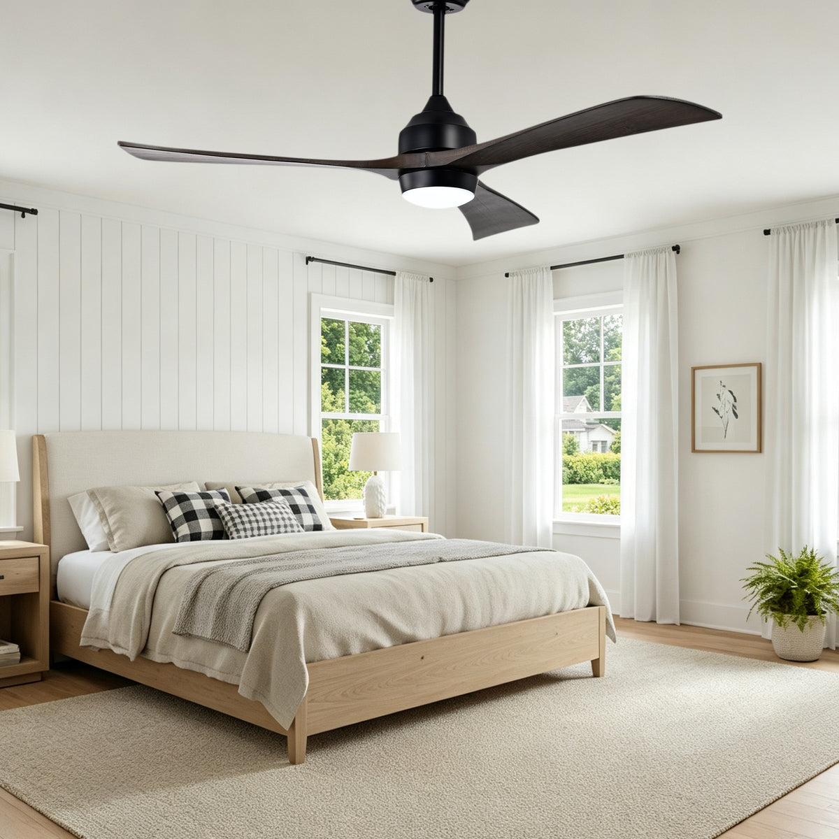 52 Inch Modern Farmhouse Black 3 Blade Ceiling Fan with Lights & Remote Control, 6 Speed DC Motor Reversible Ceiling Fan