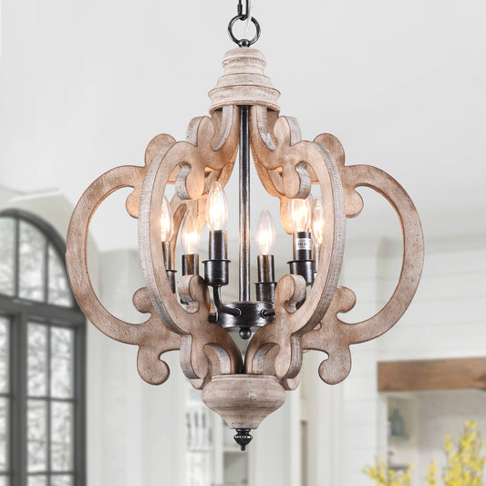 FC4002-Vintage Style Distressed Wooden Chandelier, 6-Light, E12 Bulbs, Farmhouse Pendant