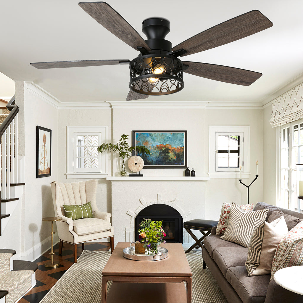 52 Inch Industrial Flush Mount Ceiling Fan with Lights and Remote Control, 6 Speeds Reversible Caged Ceiling Fan for Low Profile