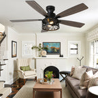 52 Inch Industrial Flush Mount Ceiling Fan with Lights and Remote Control, 6 Speeds Reversible Caged Ceiling Fan for Low Profile