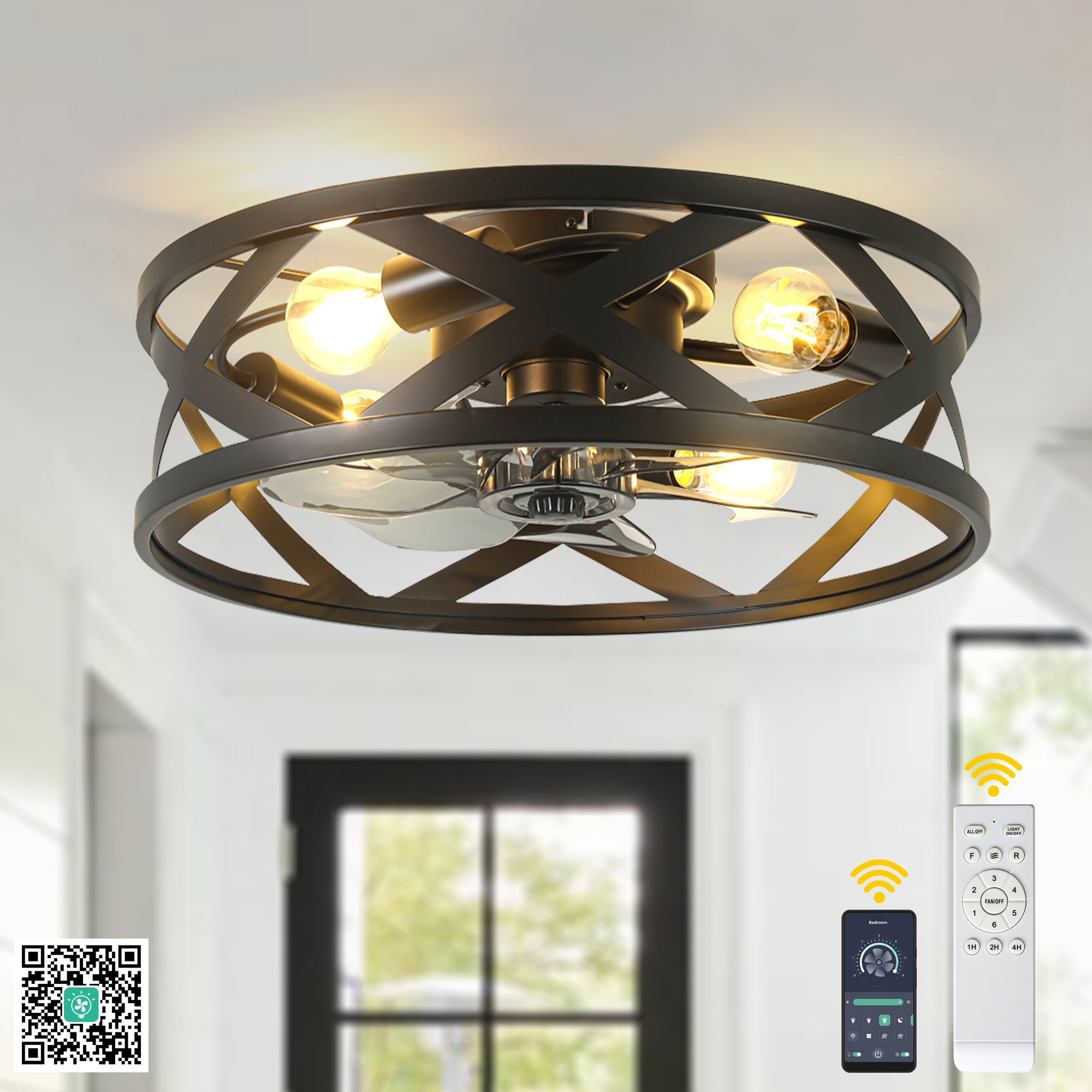 20 Inch Black Industrial Ceiling Fan with Light and Remote, 6-Speed DC Motor Bladeless Ceiling Flush Mount & Downrod Options