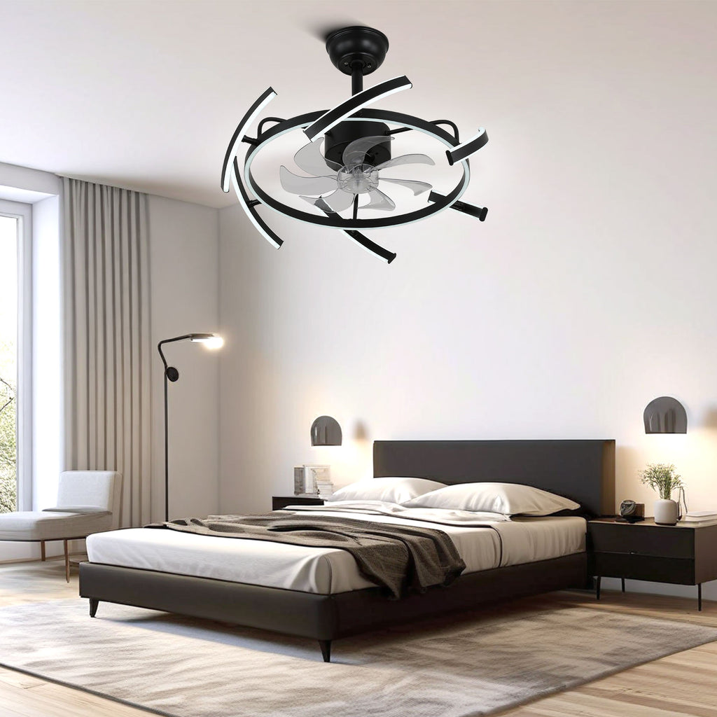 24 Inch Black Modern Smart Ceiling Fan with Dimmable LED Light and Remote, 6 Speeds DC Motor Reversible Bladeless Ceiling Fan with DIY Shape