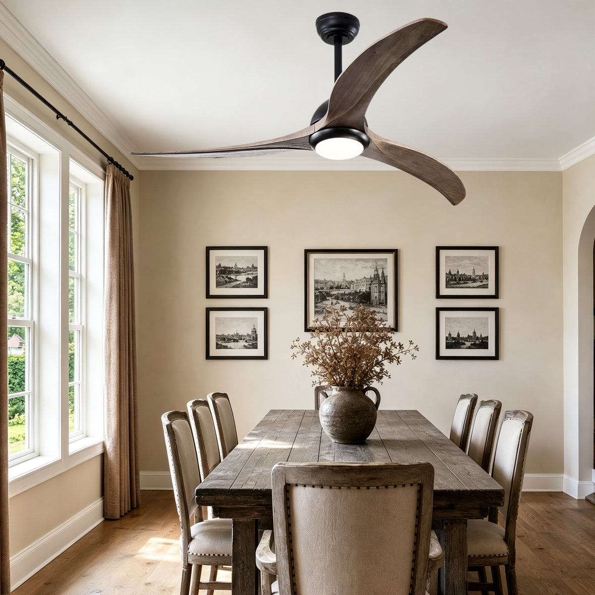 52 Inch Modern Farmhouse Matte Black Solid Wood Blade Ceiling Fan with Lights & Remote Control, 6 Speed DC Motor Reversible Ceiling Fan