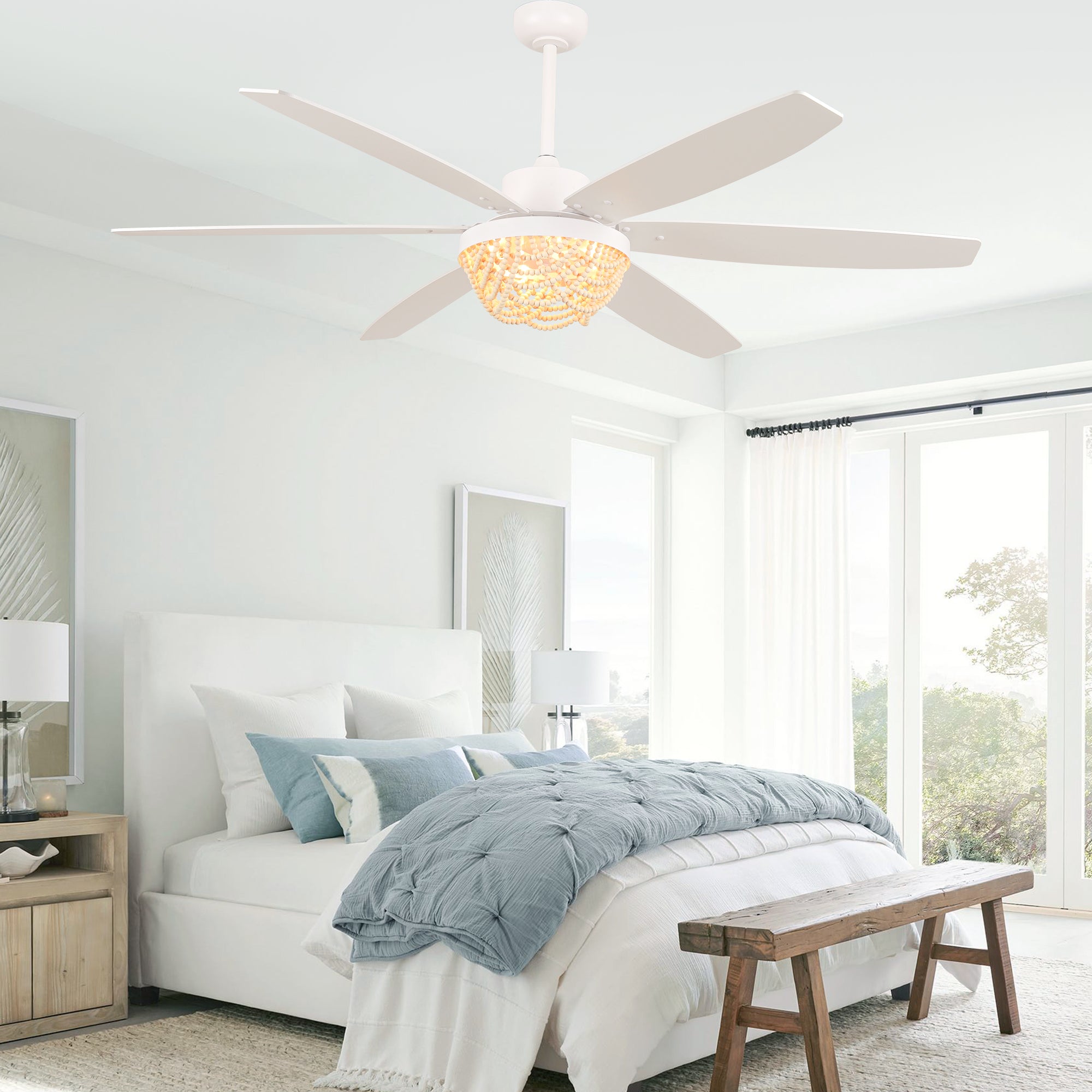 65 Inch White Bohemian  Ceiling Fan with Lights and Remote, 6 Speeds DC Motor Reversible Large Ceiling Fan for Living Room