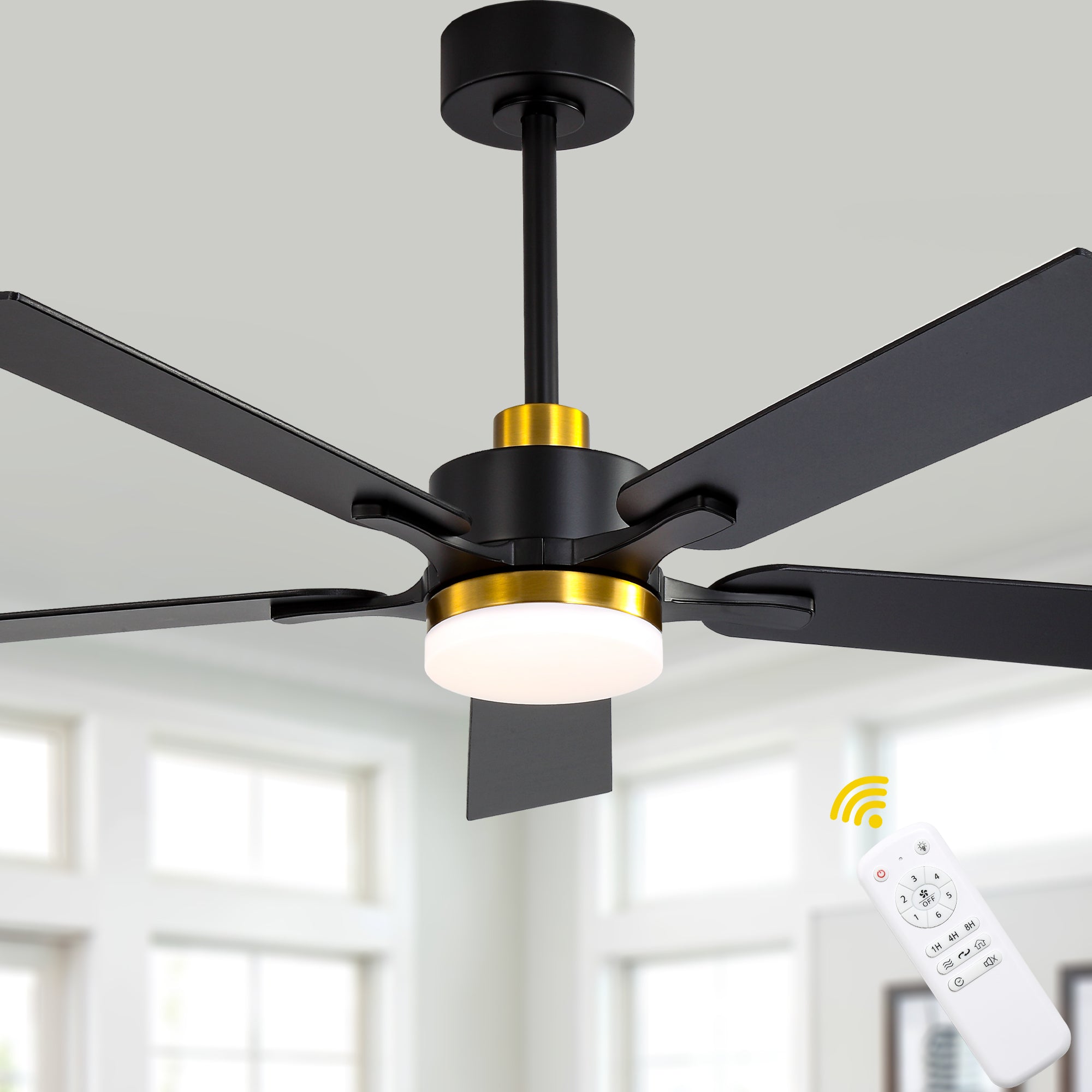 52 Inch Modern Ceiling Fan with LED Light and Remote Control, 6 Speeds Quiet DC Motor Black and Gold Ceiling Fan for Living Room