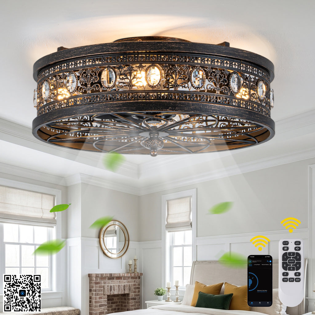 Retro 19 Inch Retractable Ceiling Fan with Light Reversible Quite DC Motor Ceiling Fan Remote APP Control Flush-Mount Fan with Light for Bedrooms, Living Rooms, Kitchens