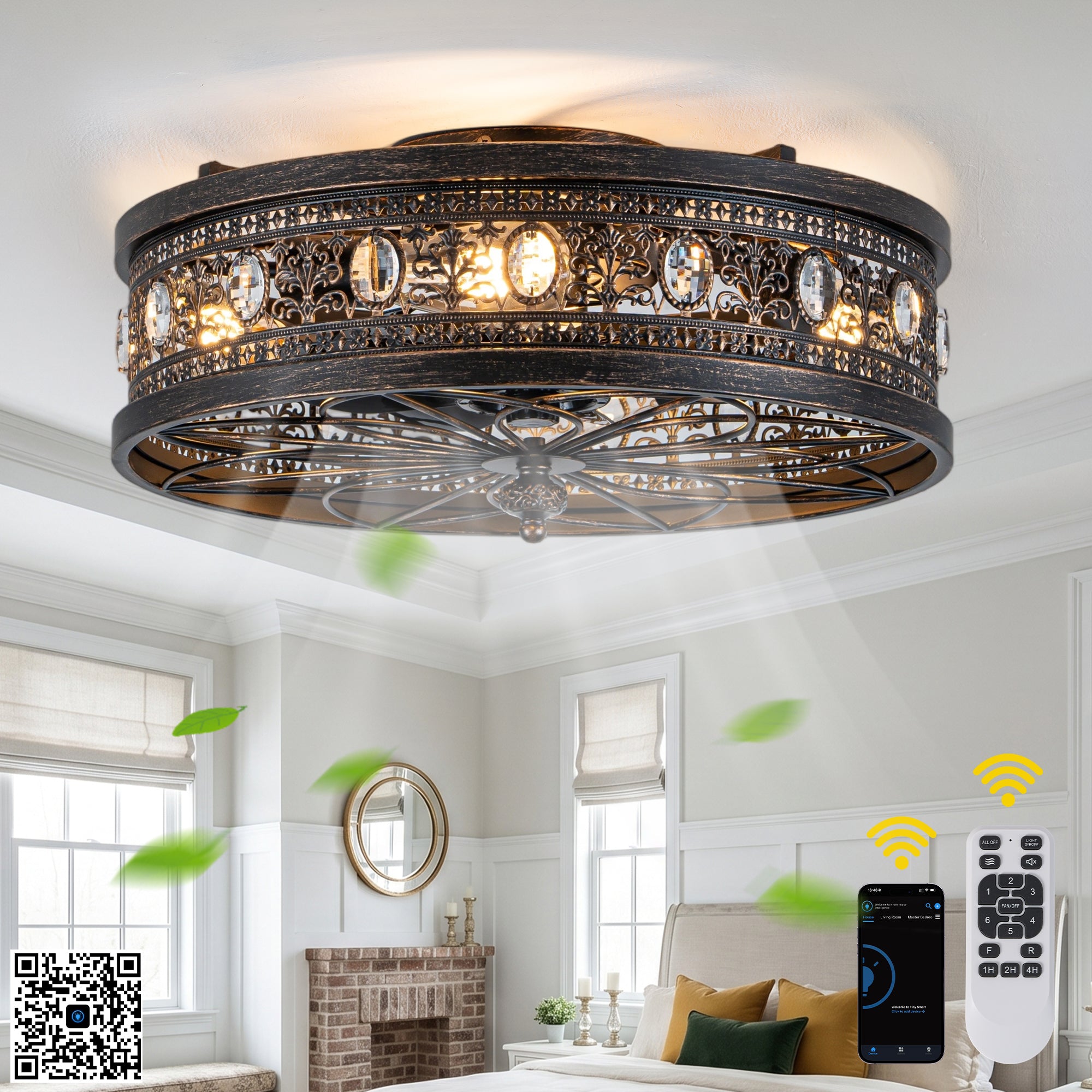 Retro 19 Inch Retractable Ceiling Fan with Light Reversible Quite DC Motor Ceiling Fan Remote APP Control Flush-Mount Fan with Light for Bedrooms, Living Rooms, Kitchens
